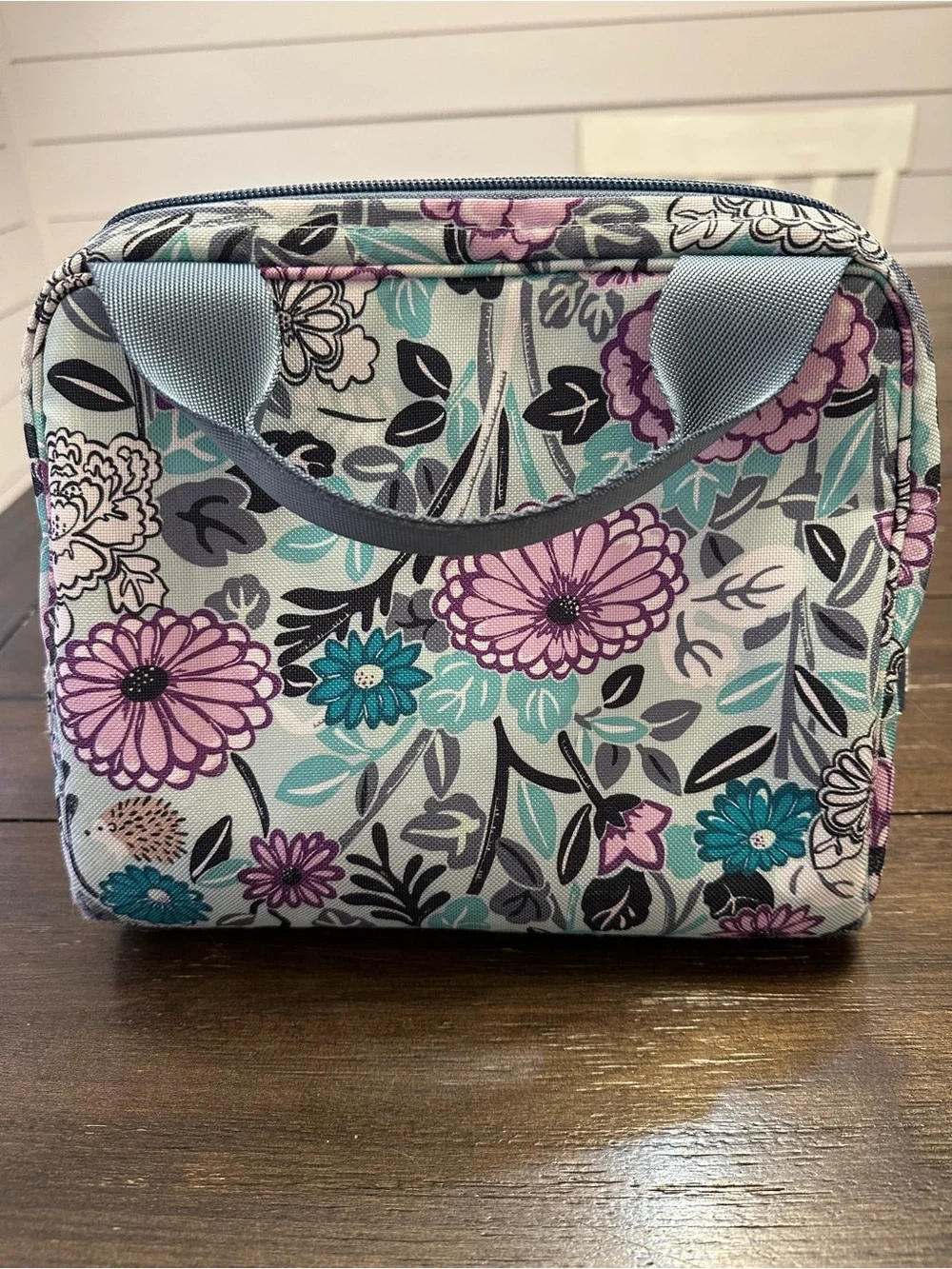 Vera Bradley Floral Lunch Tote in Light Blue and Purple with Hedgehogs